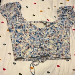 American Eagle Blue and White Ruched Tie Front Crop Blouse